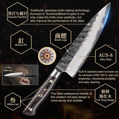 8 Inch Chef Knife, Japanese Chefs Knife Black Forged Kitchen Knife with AUS-8 Alloy Steel and Full Tang Pakkawood Handle, Christmas Gift with Premium Box4