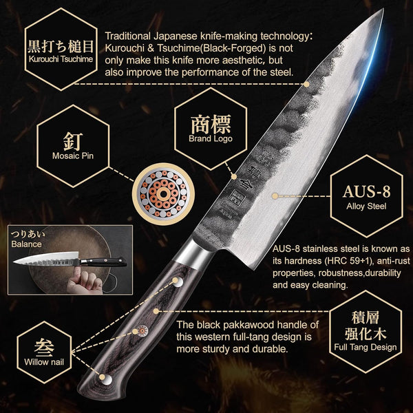 8 Inch Chef Knife, Japanese Chefs Knife Black Forged Kitchen Knife with AUS-8 Alloy Steel and Full Tang Pakkawood Handle, Christmas Gift with Premium Box4