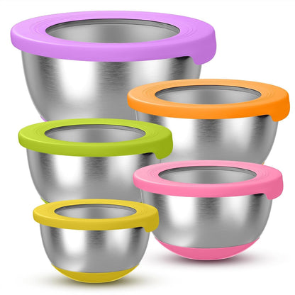Stainless Steel Mixing Bowls with Lids – Set of 5 Large Nesting Metal Bowls for Kitchen, Baking, Cooking, Food Prep & Storage, Non-Slip Base, Dishwasher Safe, Multicolor1