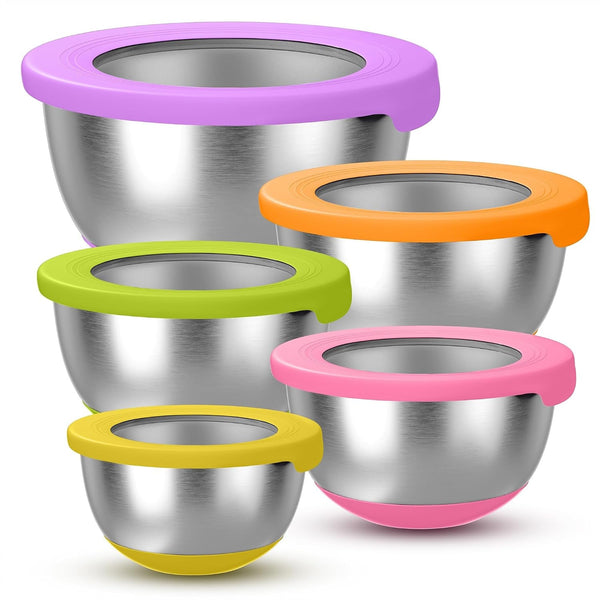 Stainless Steel Mixing Bowls with Lids – Set of 5 Large Nesting Metal Bowls for Kitchen, Baking, Cooking, Food Prep & Storage, Non-Slip Base, Dishwasher Safe, Multicolor1