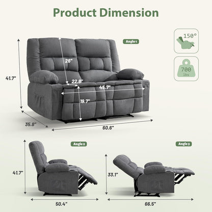 Loveseat Recliner Sofa, Wall Hugger Reclining Loveseat with Cup Holders & Storage Pockets, 150° Adjustable RV Couch, Traditional 2-Seat Reclining Couch for Living Room, RV, Home Theater, Grey2