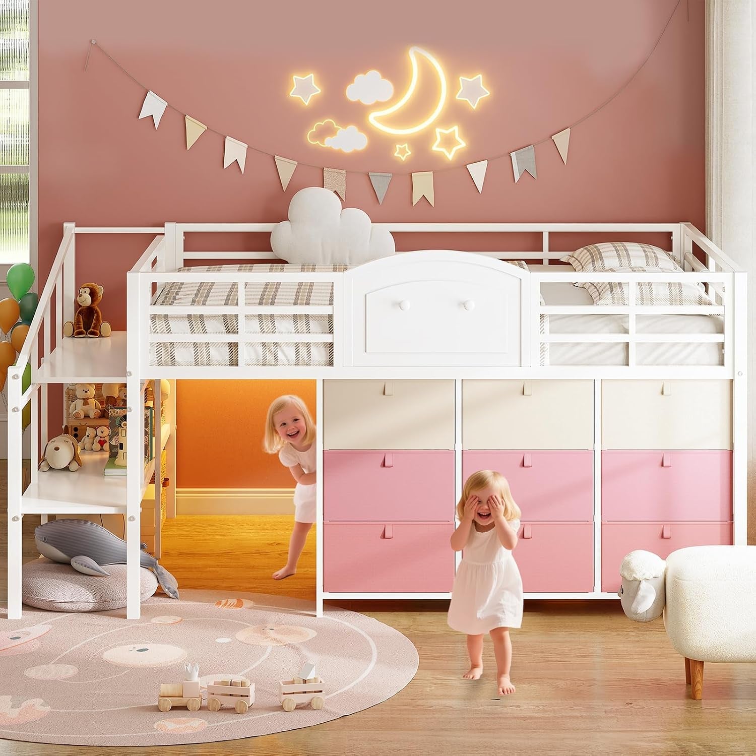 low-loft-bed-full-size-with-9-storage-drawers-and-led-lights-metal-full-size-loft-bed-with-stairway-shelf-storage-low-loft-bed-with-safety-guardrail-and-under-bed-hideaway-for-kids-white