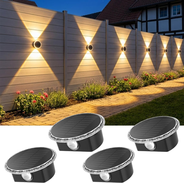 Fence Solar Lights: 360° Circular Lighting Solar Powered Wall Lights 12 Hours Long Runtime up and down Waterproof IP65 & 3 Modes High Brightness LED Focus Lens for Patio/Yard - 4 Pack1