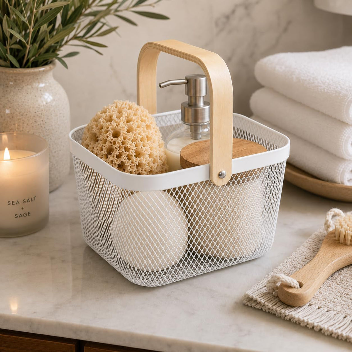 oggi-regular-mesh-portable-bathroom-basket-caddy-with-bamboo-handles-metal-storage-basket-for-bathroom-shower-vanity-pantry-home-organization-white