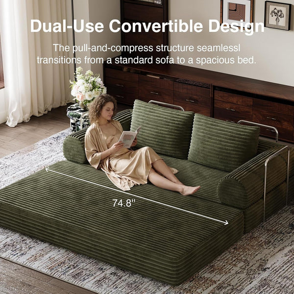75" Convertible Futon Sofa Bed, Boneless Couch with Smarts Coil® Support & High-Density Foam, No Assembly Corduroy Folding Loveseat Floor Sleeper for Living Room, Apartment, Bedroom, Green5