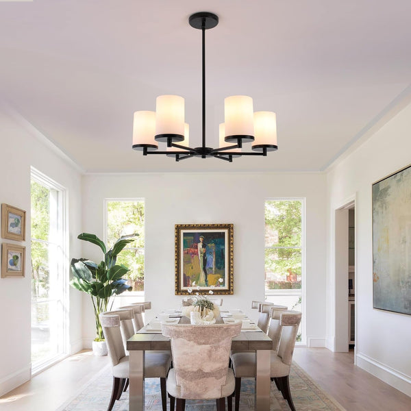 Black Chandelier, Modern 6-Light Dining Room Light Fixture over Table with Frosted Glass Shades, Farmhouse Kitchen Chandelier Ceiling Lighting for Living Room, Bedroom, Entryway, Height Adjustable8