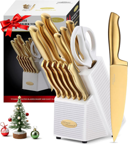 ® Gold Knife Set, Knife Block Set Ma21,Titanium Coated 14 Pieces Stainless Steel Chef Gold Kitchen Knife Sets with White Block | Forged Stainless Steel,Razor Sharp,Non-Stick&Anti-Rust,Restaurant Grade,Ergonomic Handles,Full Tang,Gift Box1