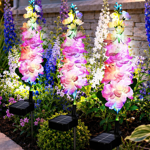 Solar Delphinium Lights, 3Pack Pink Flowers Solar Garden Decor1