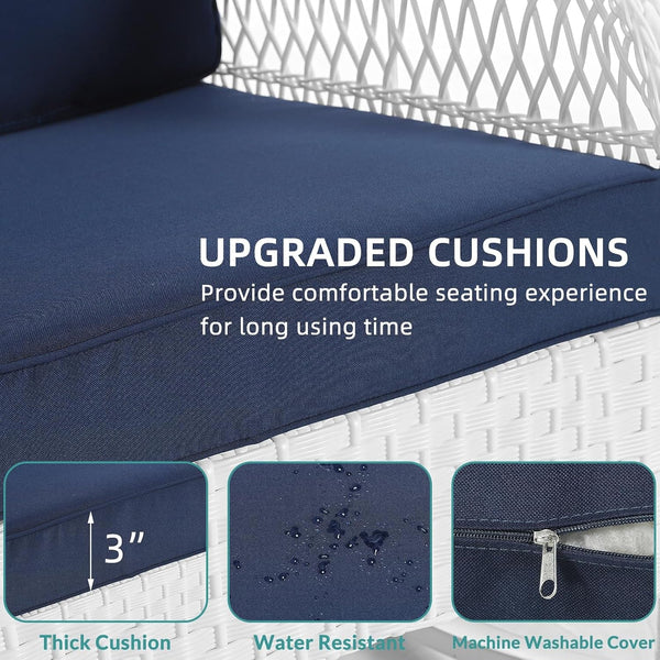 5 Pieces Outdoor Patio Rattan Furniture Sets, All Weather Patio Wicker Conversation Set - 2 Rocking Swivel Chairs 1 Rattan Loveseat Glider with Cushions, 2 Coffee Table, White Wicker/Navy8