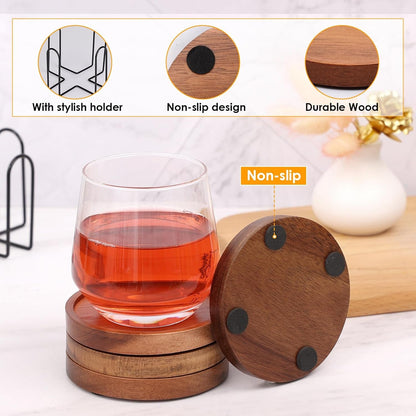 4 Pcs Wood Coasters for Drinks Absorbent, Wooden Coasters with Holder, Drink Coasters for Coffee Table, Absorbent Coaster Set for Table Protection Drink Coasters for Farmhouse, Office, Bar3