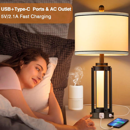26" Modern Table Lamp with USB A+C Charging Ports & AC Outlet, Industrial beside Contemporary Lamp Glass LED Night Light for Living Room Bedroom Nightstand End Table Single Black(2 Bulbs Included)3
