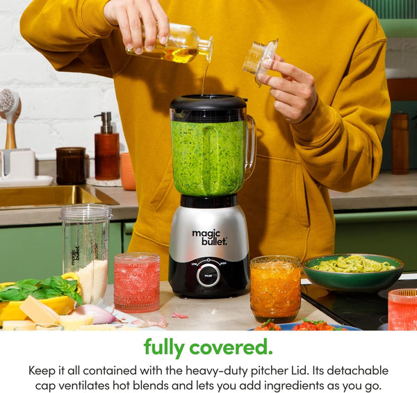 Combo Blender, 600W, 48Oz Pitcher, 16Oz Cup with To-Go Lid, Easy Cleaning, Cross Blade, for Smoothies, Sauces, Shakes, Salsa, Hot Blends, Silver, MBF502004