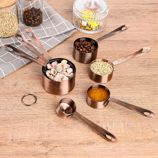 Copper Measuring Cups and Spoons Set, Stainless Steel Measuring Cups and Spoons Set, 5 Metal Measuring Cups & 6 Baking Measuring Spoons, Imperial & Metric Measuring Tools Set 118