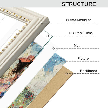 5X7 Picture Frame in Beige with Classic Gold Beaded Border, Solid Wood with Real Glass, Display 5X7 Photos Matted to 4X6, Vertical and Horizontal Desk Tabletop or Wall Hanging5