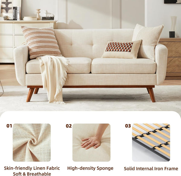 65.2" W Loveseat Sofa, Mid Century Modern Decor Love Seat Couches for Living Room, Button Tufted Upholstered Furniture, Easy to Install Small Couch for Bedroom Office Apartment, Beige8