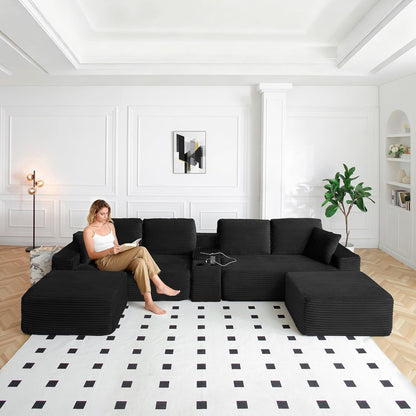 150 Inch Modular Sectional Sofa Couch, Oversized Modern Cloud Couch for Living Room, U Shape Couches with 2 Ottomans, USB Ports and Cup Holders, Black Corduroy Boneless Sofas, Sofa in a Box9
