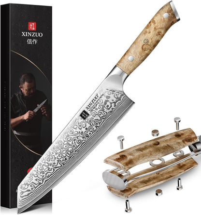 Damascus 8.3 Inch Kiritsuke Chef Knife,Hand Forged High Carbon Steel Sharp Kitchen Cutting Knife,Comfortable Ergonomic Full Tang Figured Sycamore Wood Handle1