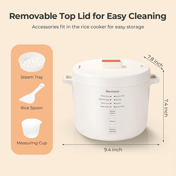 Rice Cooker with Removable Pfas-Free Nonstick Pot, 3.5-Cup Capacity for 1-3 People, Multifunctional for Rice, Oatmeal, Quinoa, Slow Cook, Steam, Can Steam & Cook Simultaneously, Rice White2