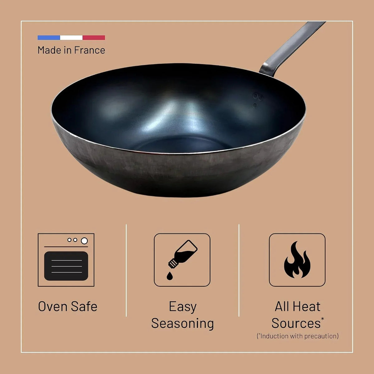 blue-carbon-steel-wok-pan-2mm-thick-access-12-5-diameter-6-cooking-surface-oven-safe-naturally-non-stick-finish-made-in-france-angled-helper-handle-provides-secure-dual-grip-control-to-easily-toss-and-serve-stir-frys-in-busy-commercial-kitchens