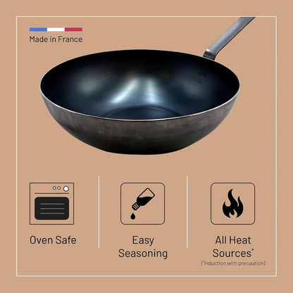 '- Blue Carbon Steel Wok Pan 2Mm Thick - ACCESS - 12.5” Diameter, 6” Cooking Surface - Oven Safe - Naturally Non-Stick Finish - Made in France | Angled Helper Handle Provides Secure Dual-Grip Control to Easily Toss and Serve Stir-Frys in Busy Commercial Kitchens.4