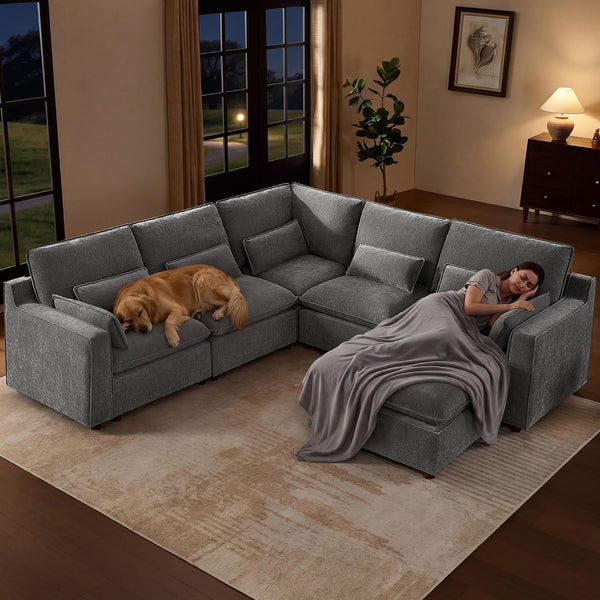 Modern Modular Sectional Sofa,105" V Shape Sectional Cloud Couch with Storage Ottoman,Comfty 6 Seat Sofa for Living Room,Grey Chenille8
