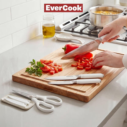 7-Piece Knife Set - Chef, Utility, Paring, Scissors & 3 Sheaths | Stainless Steel Cutlery, White Handles, Matte Finish, Hollow-Ground Blades, Electroplated ABS Bolsters, Comfortable Grip8