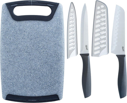 Knife Set with Cutting Board, 5 Pieces | Sharp Santoku and Utility Knives with Blade Covers and Plastic Chopping Block | Kitchen Cooking Accessories1