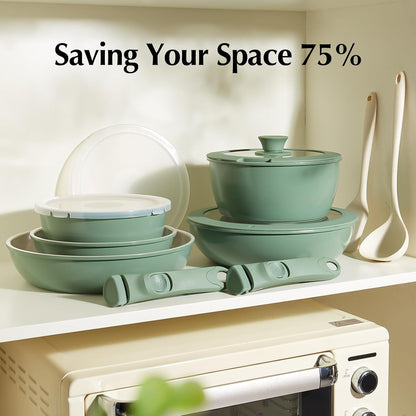 Ceramic Nonstick Pans and Pots Set, Ceramic Cookware Set with Detachable Handles16Pcs, Induction Dishwasher Oven Safe Kitchen Cooking Set, PFAS PFOA & PTFE Free, Green5