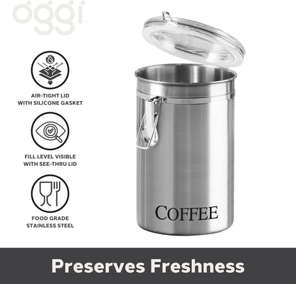 Oggi Stainless Steel Coffee Canister 62 Fl Oz - Airtight Clamp Lid, Clear See-Thru Top - Ideal for Coffee Bean Storage, Ground Coffee Storage, Kitchen Storage, Pantry Storage. Large Size 5" X 7.5".6