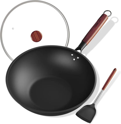 Carbon Steel Wok Pan, Natural Non-Stick Woks & Induction Wok with Removable Wood Handle, Glass Lid & Spatula - for All Stovetops, Stir-Fry, Searing1