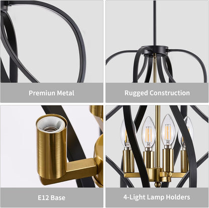 Black and Gold Chandelier Light Fixture, 18" Modern Farmhouse Industrial Chandelier, 4-Light Sphere Geometric Hanging Pendant Light Fixture for Dining Room Entryway Hallway Living Room Kitchen Island4