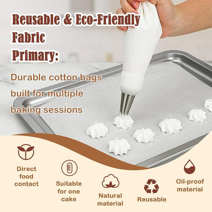 9-Piece Reusable Piping Bags and Tips Set with Stainless Steel Nozzles | Thick Cotton Bag, 6 Stainless Steel Tips, Secure Coupler and Brush for Cakes, Cupcakes and Cookies Decorating, Easy to Reuse4