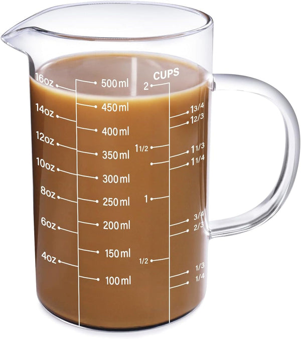 2 Cup Glass Measuring Cup, [Insulated Handle, V-Shaped Spout], High Borosilicate Glass Measuring Cup for Kitchen or Restaurant, Easy to Read, 500 ML (0.5 Liter, 2 Cup)1