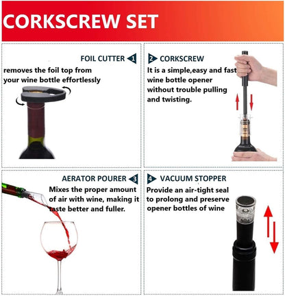 Air Pressure Pump Bottle Opener with Foil Cutter,Aerator Pourer,Vacuum Stopper(4Pcs),Simple Cork Remover,Efficient Corkscrew Bottle Opener,Great for Wine Lovers,Perfect Wine Gift.5