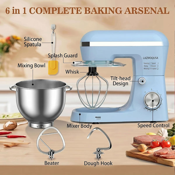 Stand Mixer, 6.5 Quart, 660W, Tilt-Head Food Mixer with 10+ Speeds, Stainless Steel, Multifunctional, for Bread Dough and Cake (Blue)6