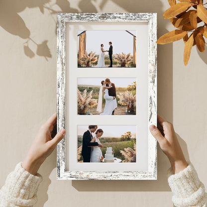 8X14 Picture Frames Collage Wall Decor, Displays 3Pcs 4X6 Pictures with Mat or 1Pcs 8X14 without Mat, Collage Picture Frame for Horizontal or Vertical Display, Distressed White, 1 Pack2