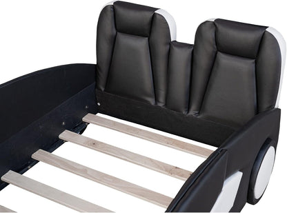 Twin Upholstered Floor Platform Bed Frame, PU Leather Day Bed with Race Car-Shaped Headboard, No Box Spring Needed, Black7