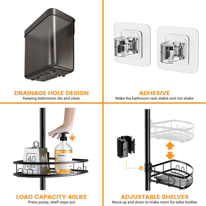Adjustable Tension Pole Shower Caddy: Rustproof Corner Bathroom Organizer5
