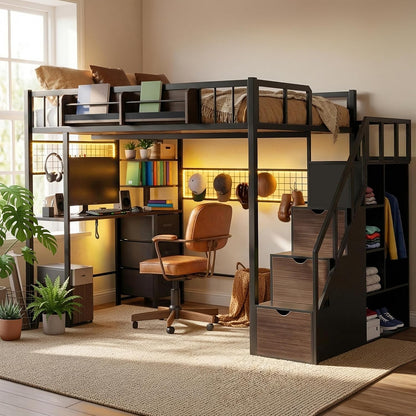 Loft Bed with Desk and Stairs, Headboard, Outlet (Black, Full)1
