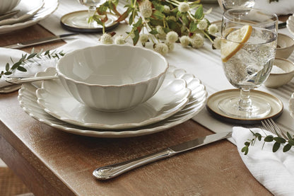 French Perle Scallop White Stoneware 18-Piece Dinnerware Set for 66