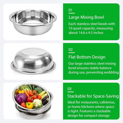 3 Pack 10 Quart Large Mixing Bowl, Stainless Steel Oversized Salad Bowls, All-Purpose Metal Serving Basin for Home Commercial Prepping Baking Marinating Cooking Brining Mixing2