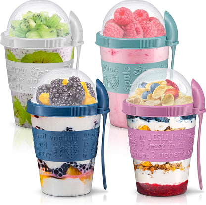 4 Pack - on the Go Yogurt Parfait Cups with Lids, Topping Compartment & Spoon, Yogurt/Parfait Cups for Breakfast Meal Prep, Reusable Leak Proof Container - BPA Free - 20Oz - Colorfull1