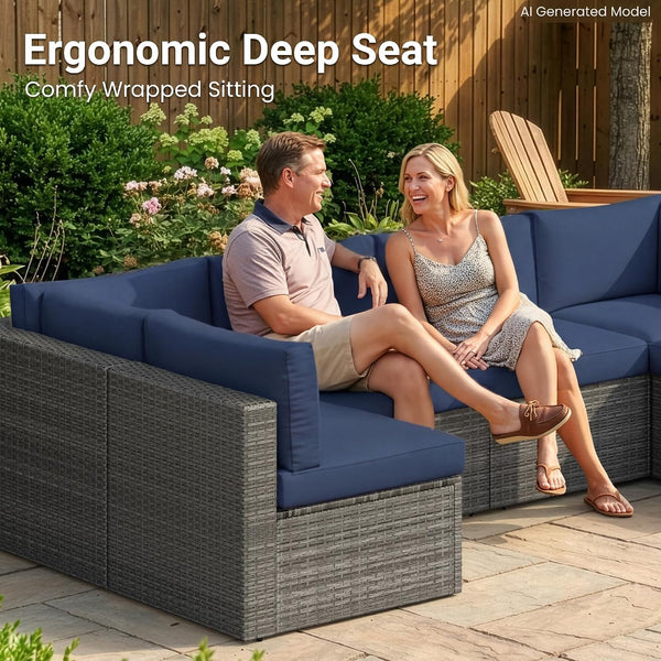 7 Piece Wicker Outdoor Patio Furniture Set, All-Weather Patio Sectional Set4