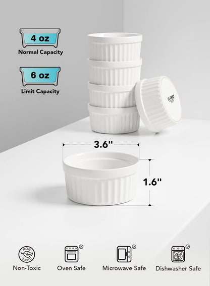 Ramekins 4 OZ Oven Safe, Creme Brulee Ramekins, Pudding Custard Cups Souffle Ramiken, Dipping Sauce Dishes, Ceramic Ramekin Bowls Set of 6, White3