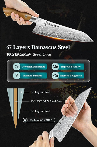 Damascus Chef Knife, 8.5 Inches, 67 Layers Damascus Steel, Professional Japanese Kitchen Knife for Chefs and Home Cooking, Ultra-Sharp Blade with Linen Micarta Handle, Gift Packing3