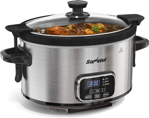 4QT Programmable Slow Cooker with Locking Lid, Removable Ceramic Pot, 3 Heating Settings & Timer, Dishwasher-Safe, Stainless Steel9