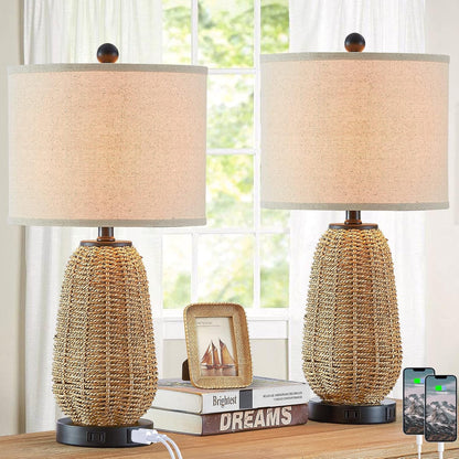 Touch Control Rattan Table Lamps, 3 Way Dimmable Bedside Lamps for Bedroom Set of 2 with 2 USB Ports and AC Outlet, Nightstand Lamps for Living Room (LED Bulbs Included), Grass1