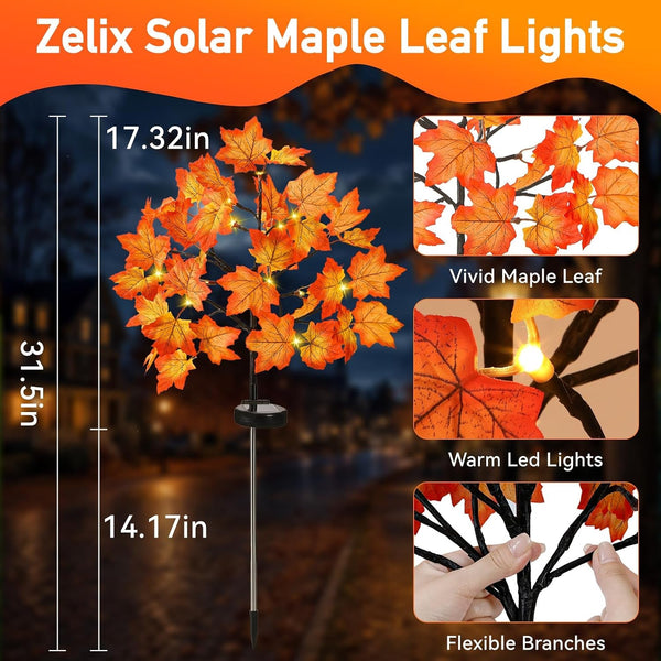 Fall Decorations Outdoor Solar Lights, 2Pcs Thanksgiving Lights 40LED 80 Maple Leaves Stake Light Waterproof 8 Lighting Modes for Autumn Patio Garden Yard outside Halloween Thanksgiving Decorations5