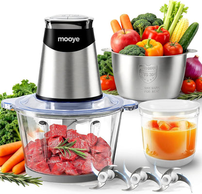 Food Processor Electric Food Chopper with Meat Grinder & Vegetable Chopper - 3 Bowls(8Cup+8Cup+3Cup) with Powerful Copper Motor - Includes 3 Sets of Bi-Level Blades for Fruits/Meat/Nuts1