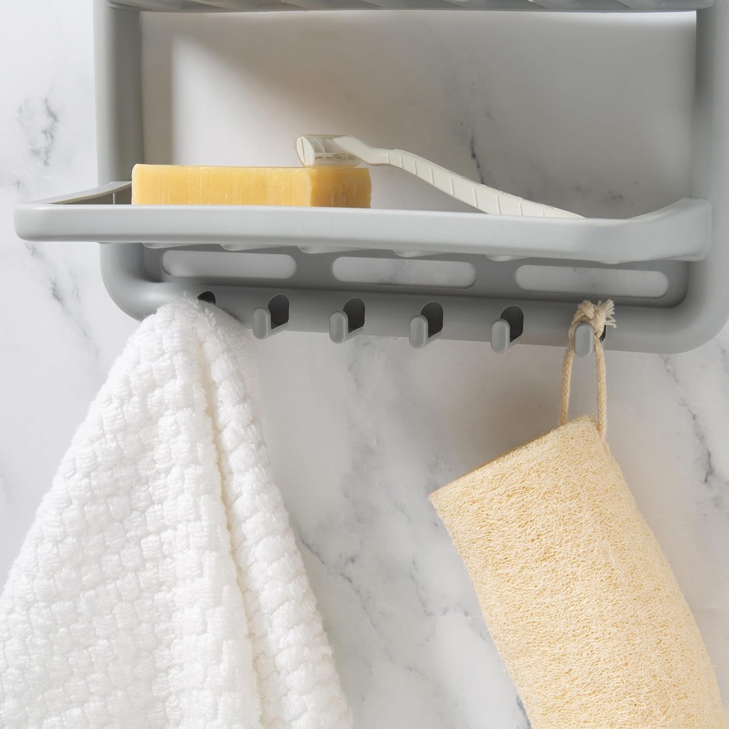 molded-shower-caddy-bathroom-storage-hangs-over-shower-head-6-accessory-hooks-holds-razors-washcloths-accessories-suction-cup-stability-grey